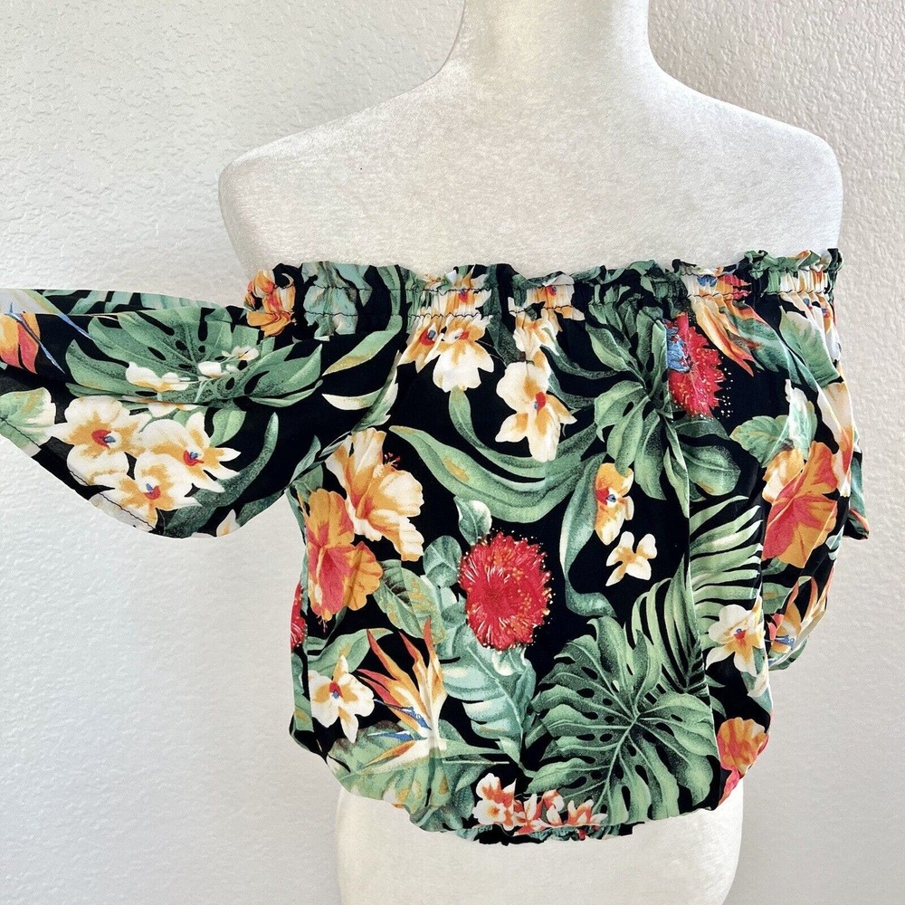 Christian Siriano Sz XSmall Green Palm Flutter Sleeve Off Shoulder Boho Crop Top